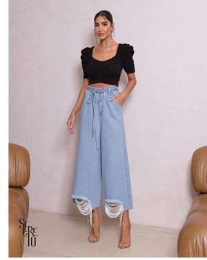 Cropped Tricô Manga Bufante Bruna Preto