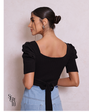 Cropped Tricô Manga Bufante Bruna Preto