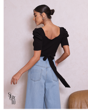 Cropped Tricô Manga Bufante Bruna Preto