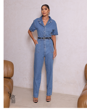 Macacão Jeans Com Cinto Giovana Média