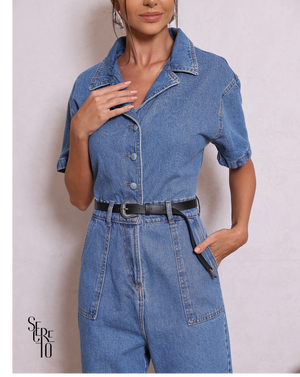 Macacão Jeans Com Cinto Giovana Média