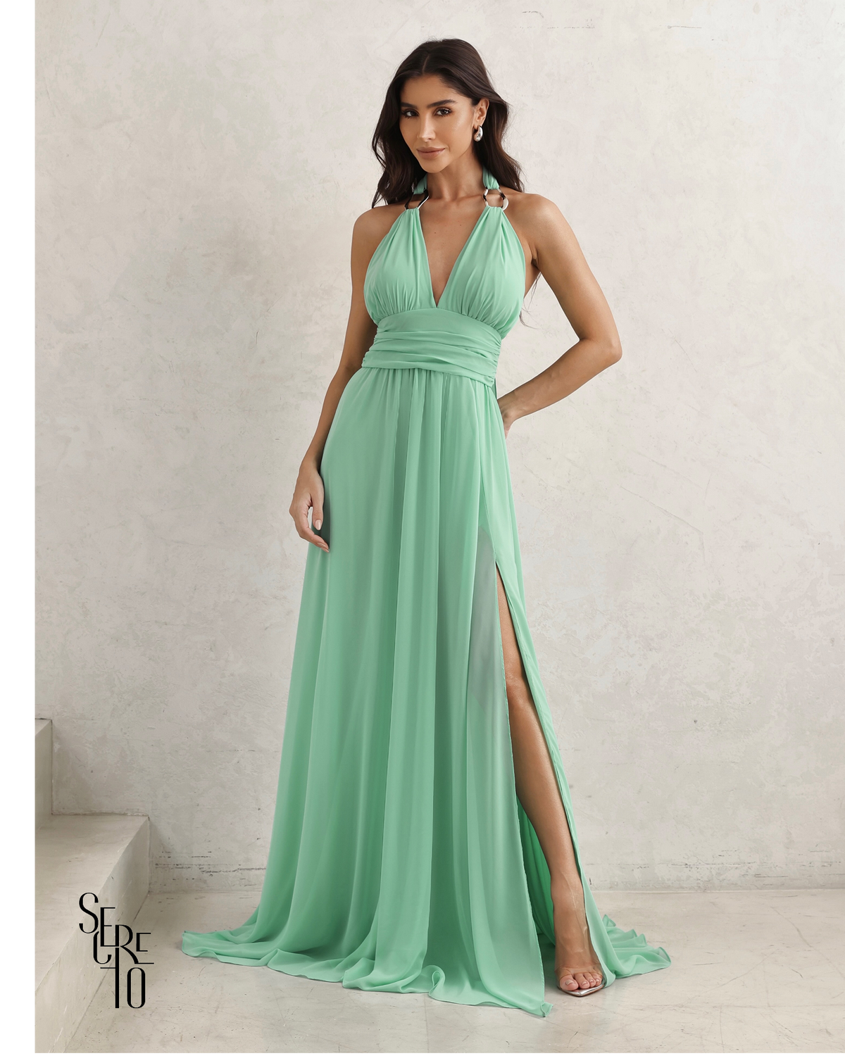 Vestido Longo Com Fivela Thais Verde Menta