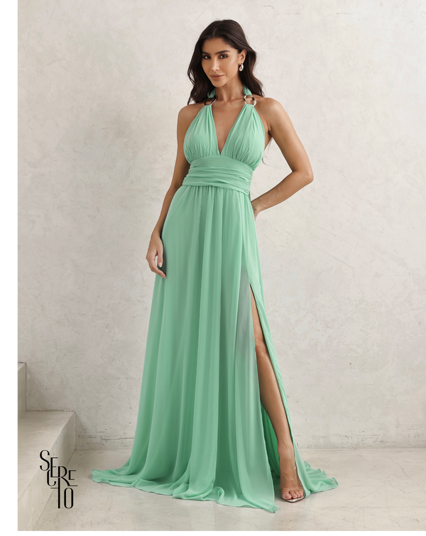 Vestido Longo Com Fivela Thais Verde Menta