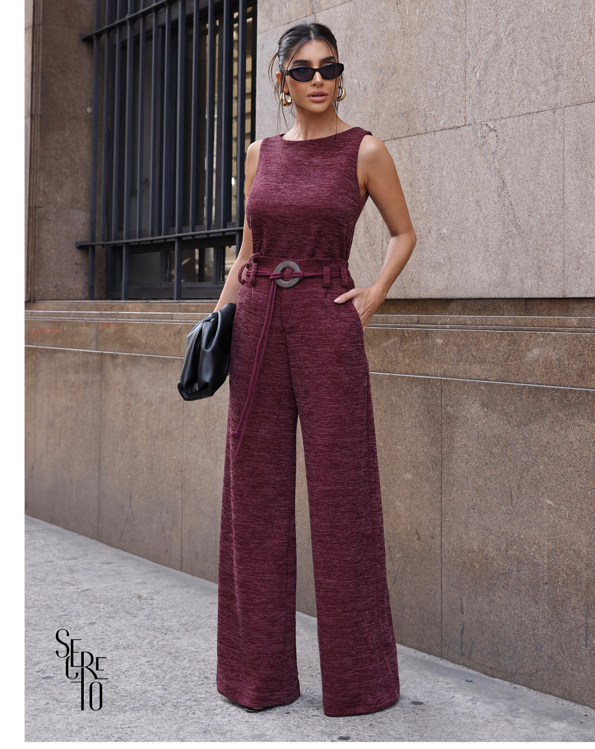 Conjunto Blusa e Calça Tricô Fernanda Vinho