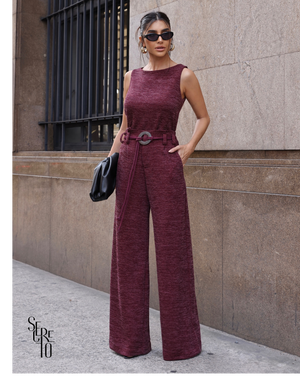 Conjunto Blusa e Calça Tricô Fernanda Vinho