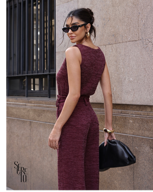 Conjunto Blusa e Calça Tricô Fernanda Vinho