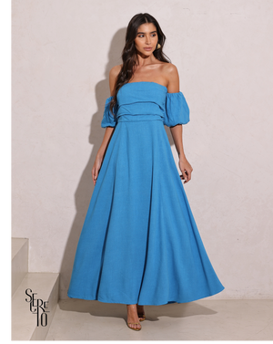 Vestido Longuete Manga Removível Laura Azul