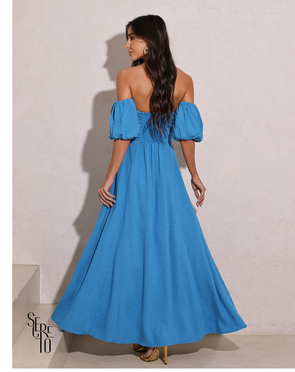 Vestido Longuete Manga Removível Laura Azul