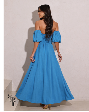 Vestido Longuete Manga Removível Laura Azul