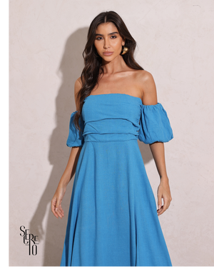 Vestido Longuete Manga Removível Laura Azul