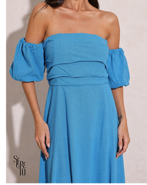 Vestido Longuete Manga Removível Laura Azul