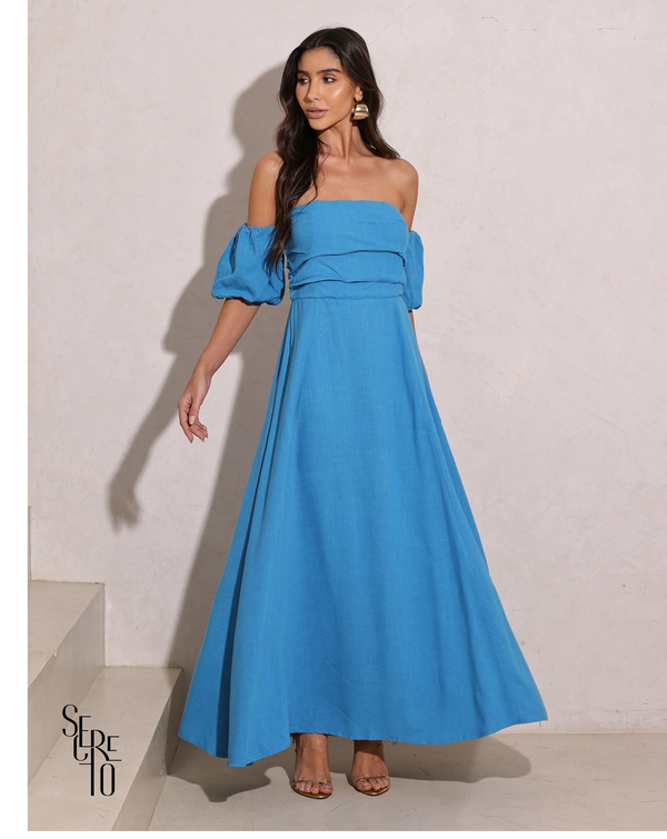 Vestido Longuete Manga Removível Laura Azul