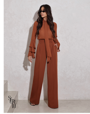 Camisa Alfaiataria Manga Babado Rita Marrom