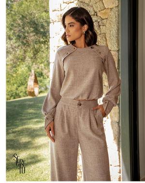 Conjunto Blusa e Calça Flamê Mayra Bege