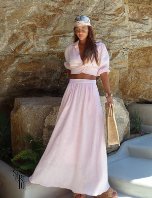 Conjunto Cropped e Saia Linho Analu Rosa Claro