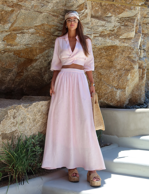 Conjunto Cropped e Saia Linho Analu Rosa Claro