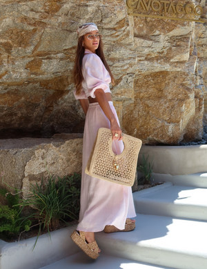 Conjunto Cropped e Saia Linho Analu Rosa Claro