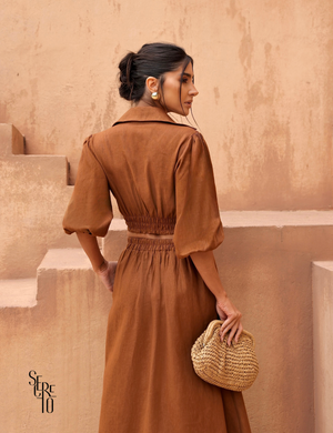 Conjunto Cropped e Saia Linho Analu Marrom