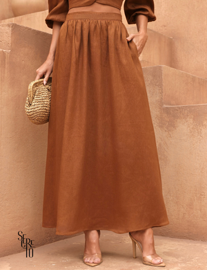 Conjunto Cropped e Saia Linho Analu Marrom