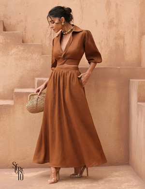 Conjunto Cropped e Saia Linho Analu Marrom