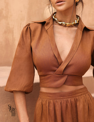 Conjunto Cropped e Saia Linho Analu Marrom