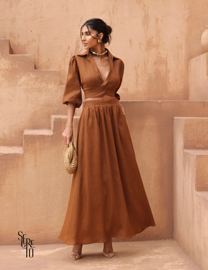 Conjunto Cropped e Saia Linho Analu Marrom