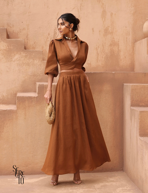 Conjunto Cropped e Saia Linho Analu Marrom