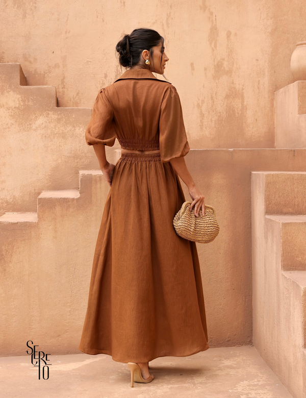 Conjunto Cropped e Saia Linho Analu Marrom