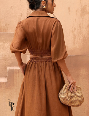 Conjunto Cropped e Saia Linho Analu Marrom