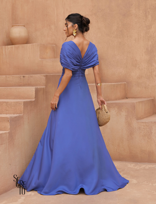 Vestido Longo Acetinado com Fenda Joana Azul Jeans