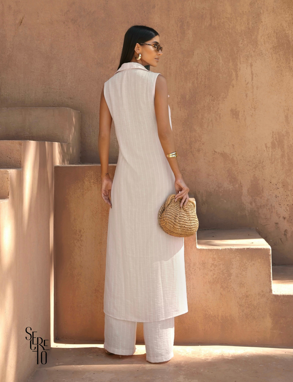 Conjunto Listrado Max Chemise e Calça Andrea Areia