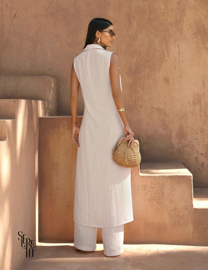 Conjunto Listrado Max Chemise e Calça Andrea Areia