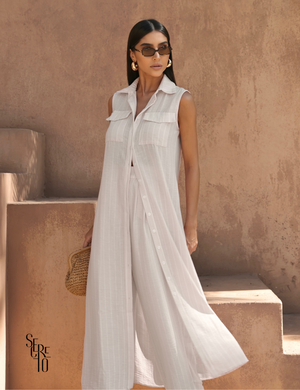 Conjunto Listrado Max Chemise e Calça Andrea Areia