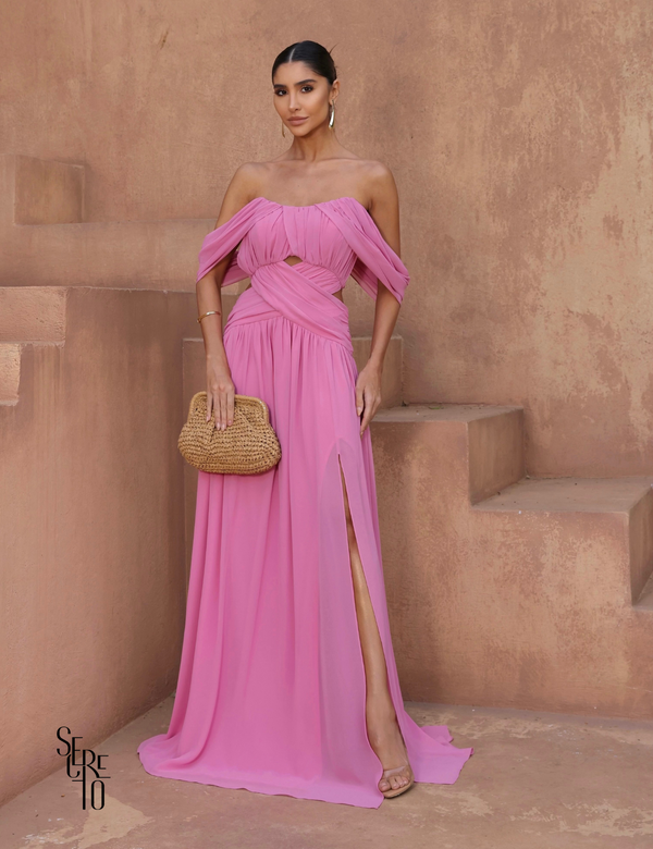 Secreto Vestido Longo Drapeado Marcele Rosa