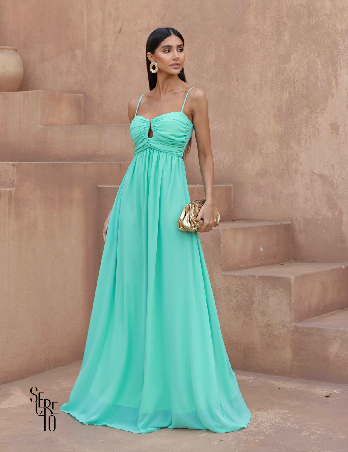 Secreto Vestido Longo Argola no Busto Paula Verde Menta