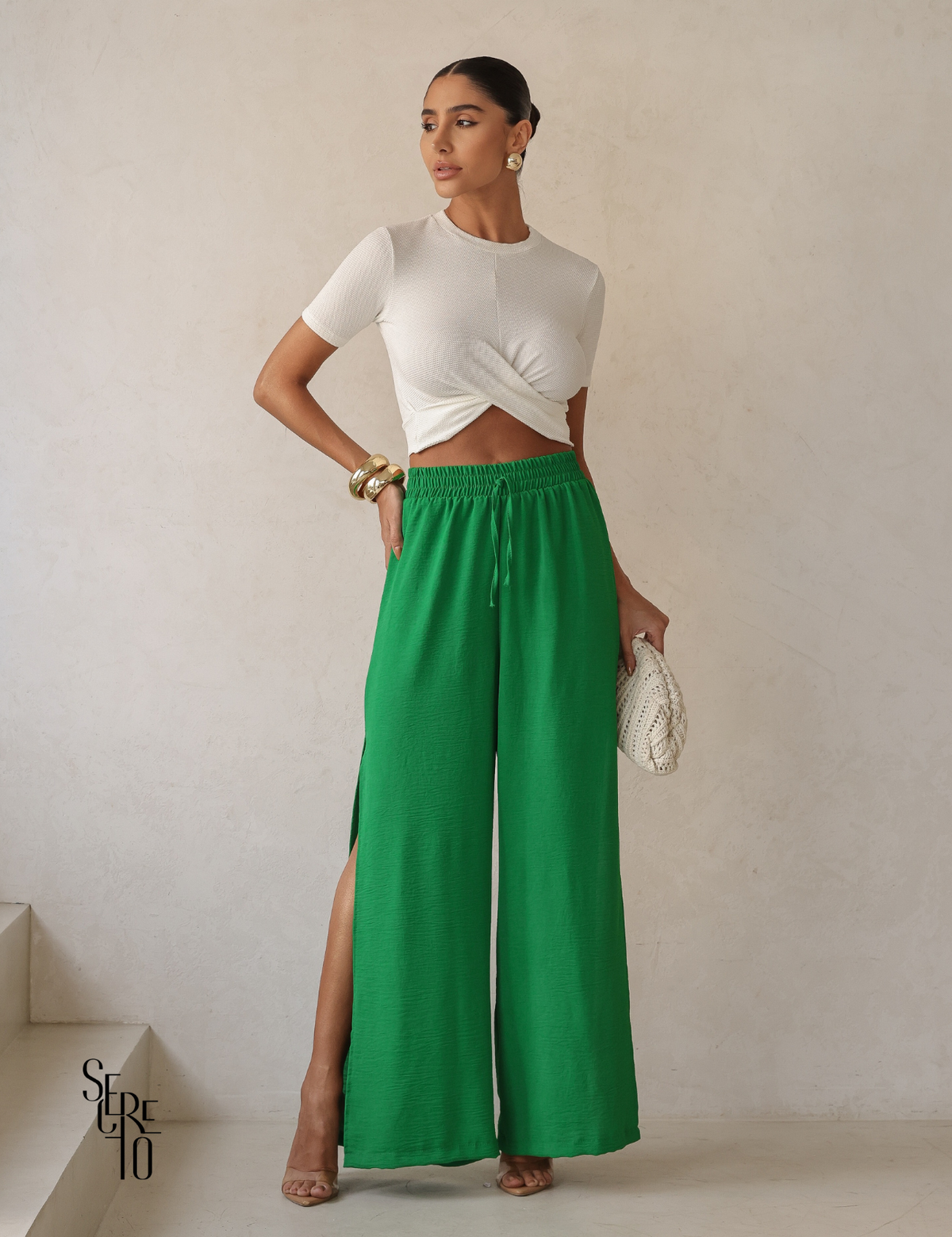 Calça Pantalona com Fenda Lateral Kelly Verde