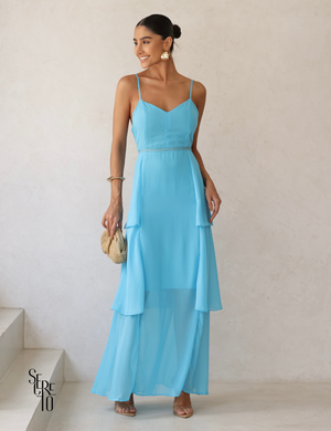 Vestido Longo com Camadas e Alças Finas Agnes Azul