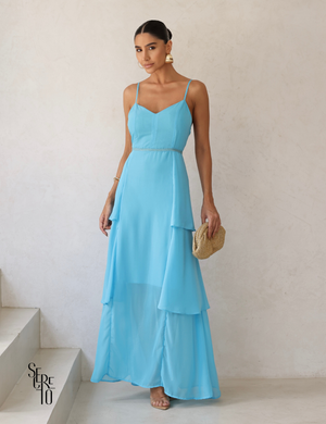 Vestido Longo com Camadas e Alças Finas Agnes Azul