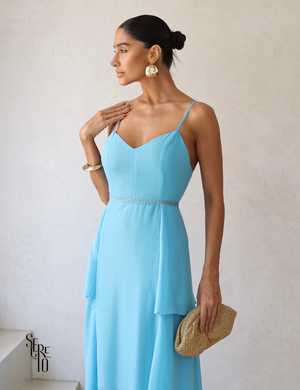 Vestido Longo com Camadas e Alças Finas Agnes Azul