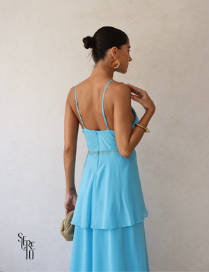 Vestido Longo com Camadas e Alças Finas Agnes Azul