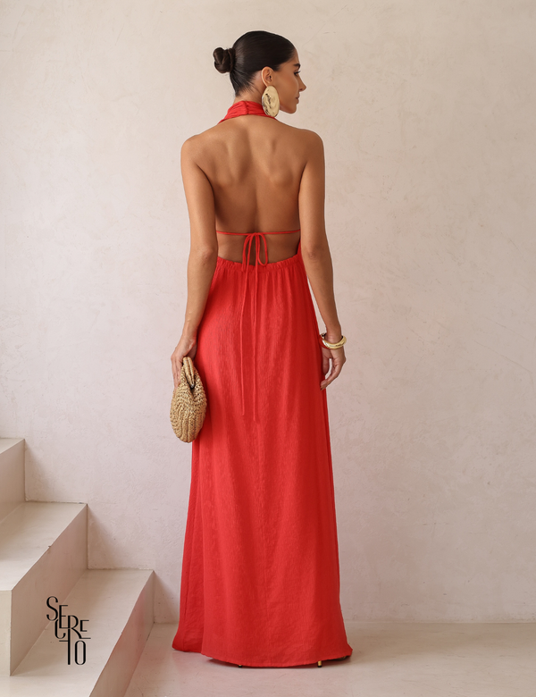 Vestido Longo Halter Neck Costas Abertas Celia Vermelho
