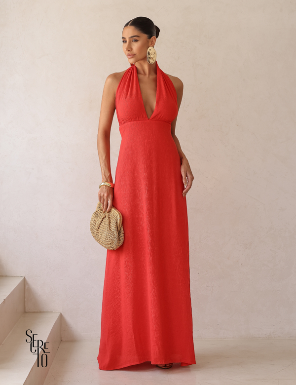 Vestido Longo Halter Neck Costas Abertas Celia Vermelho