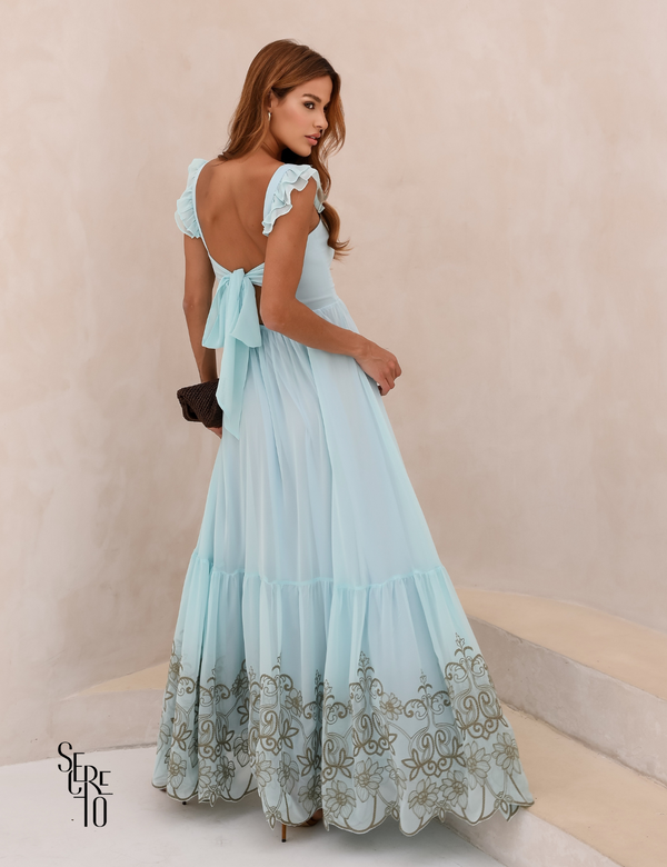 Vestido Longo Bordado Laço Costas Lariza Azul Serenity