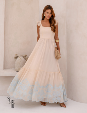 Vestido Longo Bordado Laço Costas Lariza Bege