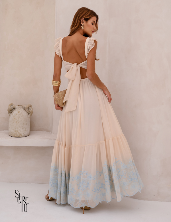 Vestido Longo Bordado Laço Costas Lariza Bege