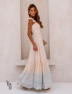 Vestido Longo Bordado Laço Costas Lariza Bege