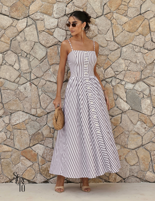Vestido Longo Listrado Tavata Marrom