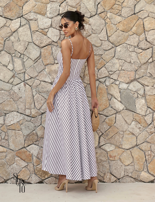 Vestido Longo Listrado Tavata Marrom