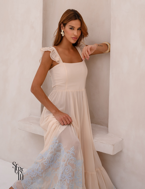 Vestido Longo Bordado Laço Costas Lariza Bege