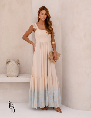 Vestido Longo Bordado Laço Costas Lariza Bege